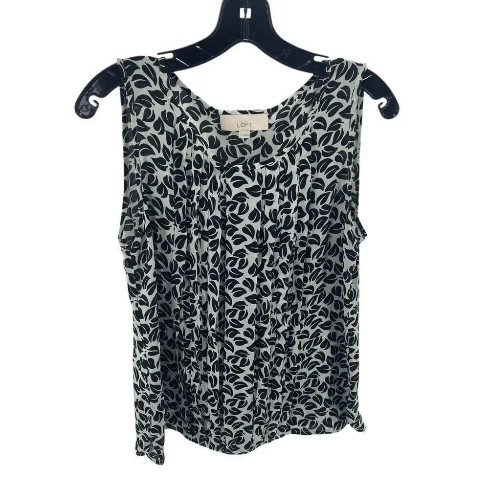 Ann Taylor LOFT Women's Leaf Print Sleeveless Blouse Top Black Green Small